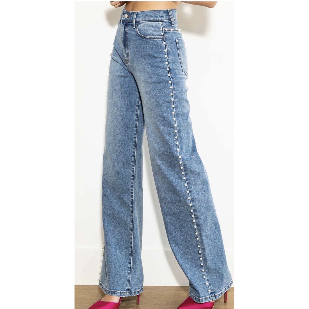 Vibrant Pearl Rhinestone High-Rise Wide Leg Jeans Women's 9/28" Medium Stone